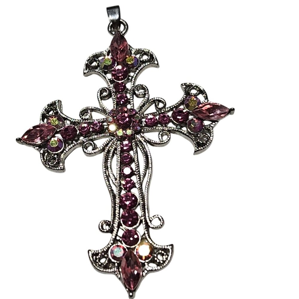 Pink Rhinestone Silver Tone Cross Pendant Necklace Charm Spiritual Religious